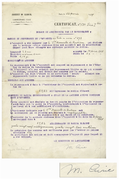 Scarce Marie Curie Signed Document From Her Institut du Radium Laboratory -- Curie Signs Off on an Experiment in Her Lab